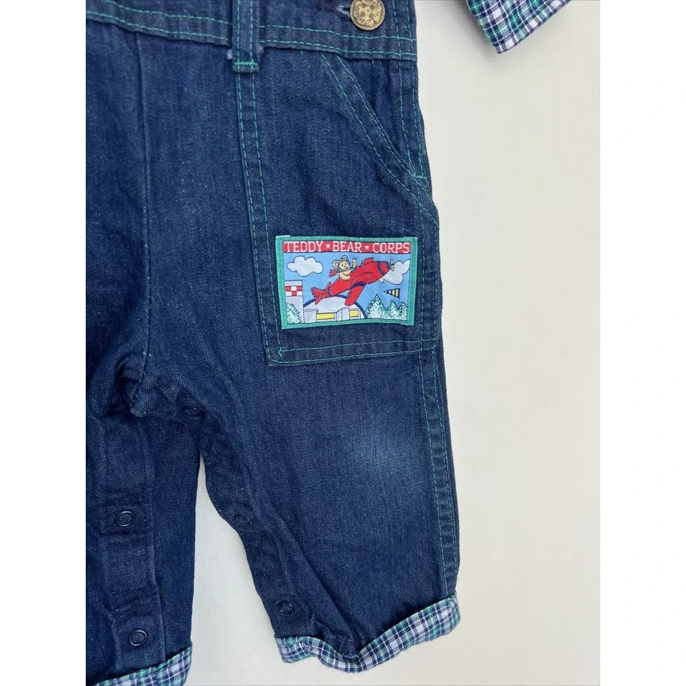 Vtg Oshkosh Vestbak Denim Bib Overalls Plaid Shirt Set Boys 12M USA RARE Plane